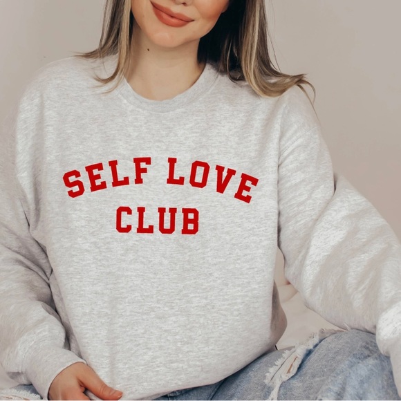 Self Love Club Light Grey Varsity Print Long Sleeve Crewneck Sweatshirt - Picture 1 of 8